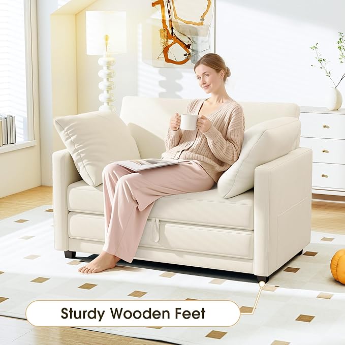 51" Convertible Sofa Bed, 2 in1 Folding Sofa Bed, Loveseat Sleeper Sofa for Small Spaces, Fold Out Floor Couch with 2 Pillows for Apartment, Living Room & Guest Room, Beige Chenille Fabric