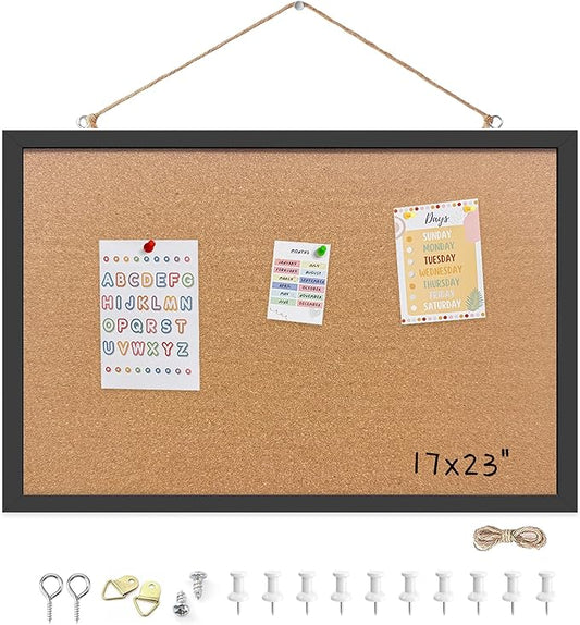 Cork Bulletin Board, 17x23 Inches Hanging Cork Board Wooden Framed with Pins for Wall, Dorm Room, Office, Home Decor – Natural Cork & Black Frame
