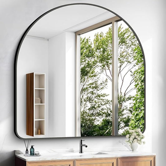 Arched Bathroom Mirror, 30"x30" Black Arched Mirror for Bathroom, Wall Mounted Mirror, Vanity Wall Mirror Metal Frame for Bedroom, Entryway, Living Room, Vertically Hanging