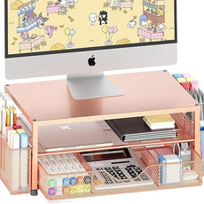 OPNICE Desk Organizers and Accessories, 2-Tier Computer Monitor Stand with Drawer and 2 Pen Holders, Laptop Stand, Office Desk Accessories for Office Supplies, Rose Gold