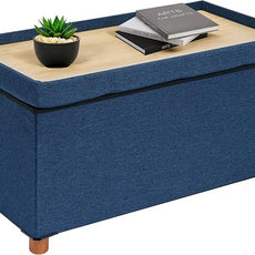 B FSOBEIIALEO Storage Ottoman with Tray, Foot Stools and Ottomans with Legs, Storage Cube Seat Linen Blue 30