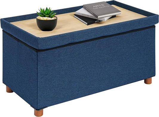 B FSOBEIIALEO Storage Ottoman with Tray, Foot Stools and Ottomans with Legs, Storage Cube Seat Linen Blue 30"