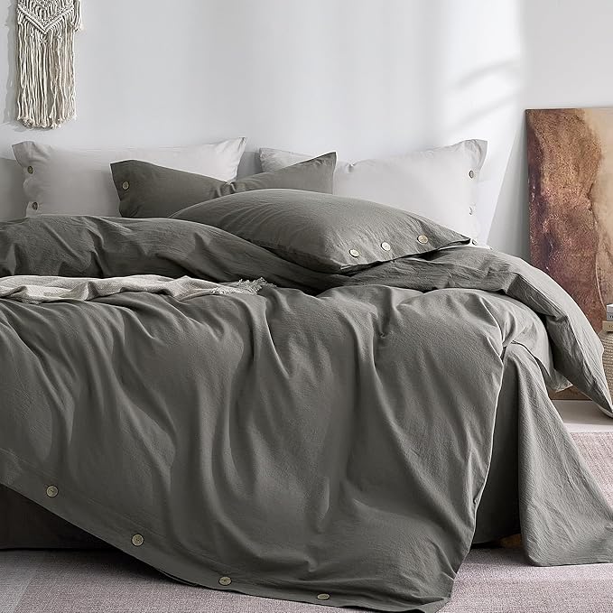 JELLYMONI 100% Washed Cotton Duvet Cover Twin – Soft, Breathable Linen-Look Bedding with Natural Wrinkle Texture, Button Closure, 3-Piece Set (Dark Grey, 68"x90")