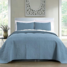 Pure Bedding Quilt Set Full/Queen Size Ash Blue - Oversized Bedspread - Soft Microfiber Lightweight Coverlet for All Season - 3 Piece Includes 1 Quilt and 2 Shams, Geometric Pattern