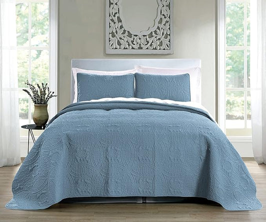 Pure Bedding Quilt Set Full/Queen Size Ash Blue - Oversized Bedspread - Soft Microfiber Lightweight Coverlet for All Season - 3 Piece Includes 1 Quilt and 2 Shams, Geometric Pattern