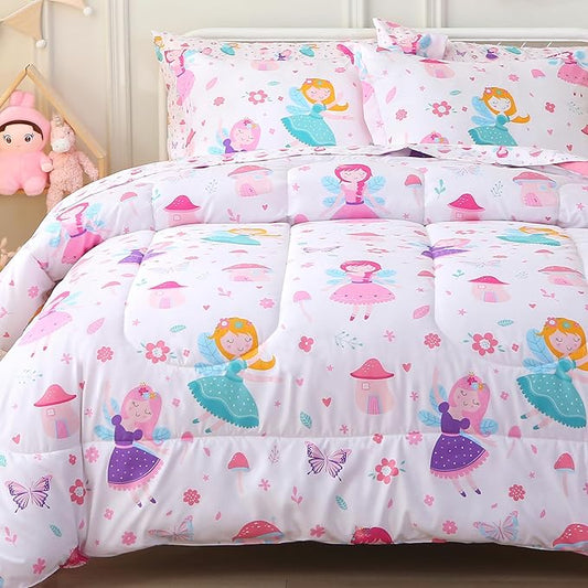 Viviland Kids Twin Bedding Sets for Girls, Soft Twin Comforter Set with Sheets, 5 Pieces Microfiber Bed in a Bag, Fairy Mushroom