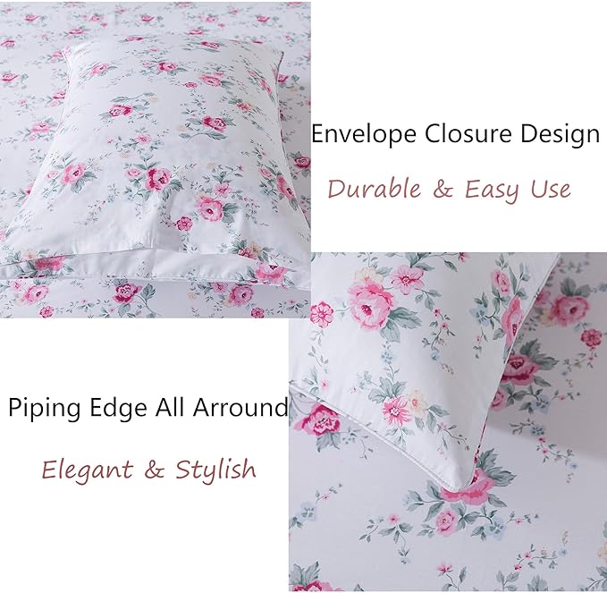 FADFAY Rose Sheets Set Twin XL Pink Floral College Bedding Rustic Botanical Dorm Sheets Vintage Farmhouse Bedding 100% Cotton Breathable Collection with Deep Pocket Fitted Sheet 4Pc, Twin XL Size