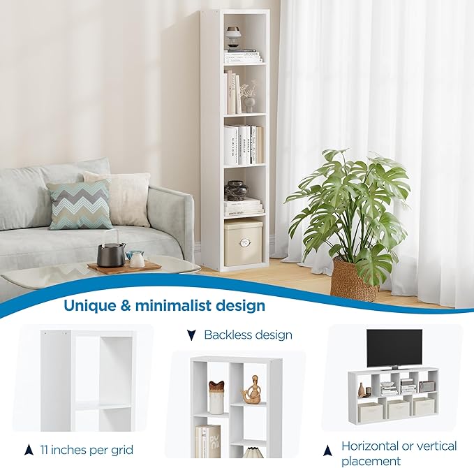 5 Cube Storage Organizer Single Row, Cube Shelf with Heavy-Duty Thick Boards, 13.31" L x 9.37" W x 60.55" H, Smooth Easy-Clean Panels, Simple Assembly, for Living Room Bedroom Office, White