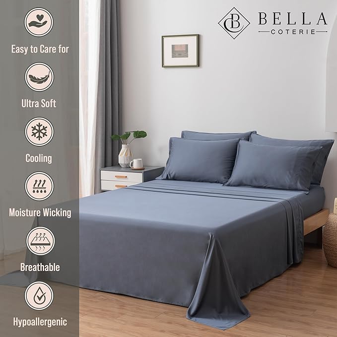 Bella Coterie 7 Piece Luxury Bamboo Viscose Split King Size Sheet Set | 2 Fitted Sheets for Adjustable Beds | 100% Organically Grown | Cooling for Hot Sleepers | 4 Pillowcases [Slate Blue]