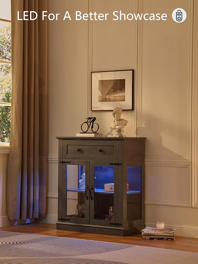 Modern 31.5'' Small Sideboard Buffet Cabinet with Storage,Small Coffee bar Cabinet with a Drawer and Adjustable Shelf,Glass Doors Sideboard Buffet with LED for Kitchen,Blue