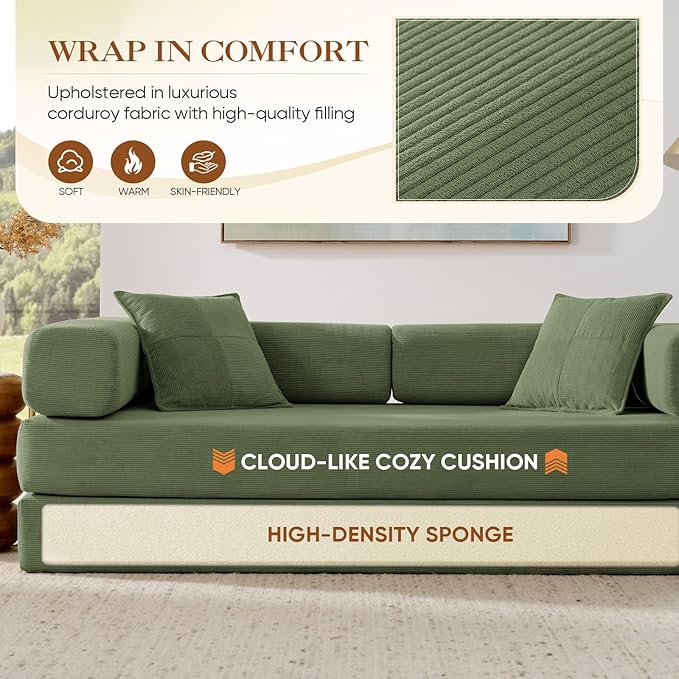 Antetek Convertible Futon Sofa Bed, 3-Seater Modern Corduroy Foam Floor King Size Bed Fold Out Sleeper Lounge Loveseat Sofa Couch with 2 Throw Pillows for Living Room Bedroom Guest Room, Army Green