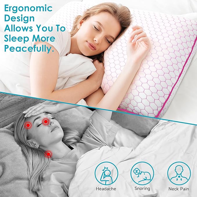 Memory Foam Pillows for Side, Back and Stomach Sleepers, Set of 2, Bed Pillow with Washable Cover and Breathable Mesh, Bed Pillow for Sleeping (Pink，Queen Size)