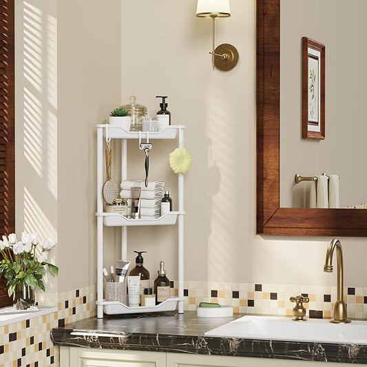 Orimade Rustproof 3 Tier Floor Standing Corner Shower Caddy Organizer, Plastic Metal Splicing Floor Corner Shelf Rack Stands for Bathroom, White