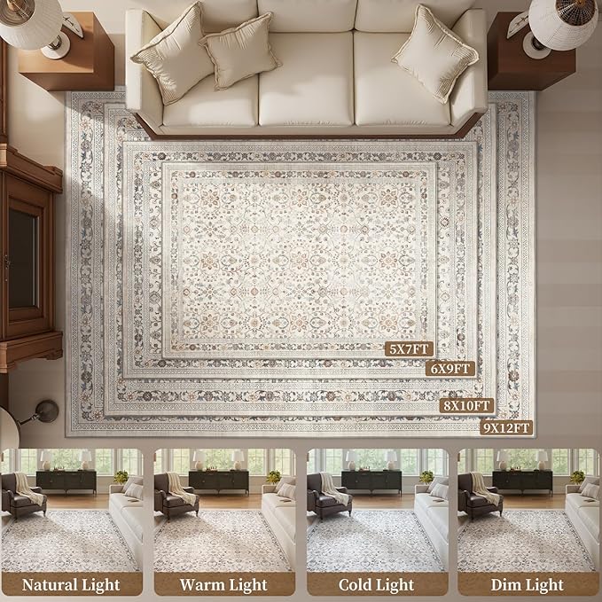 MontVoo-Vintage Area Rug 8X10 Beige for Living Room - Soft Distressed Printed Carpet for Bedroom - Non Slip, Machine Washable for Dining Room, Bedside, Office
