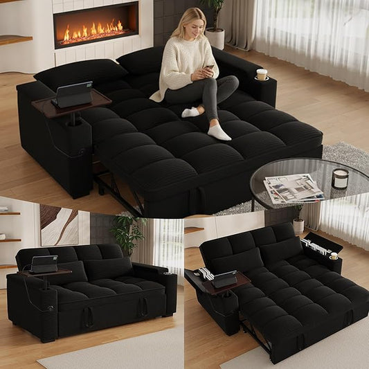 65" Sofa Bed, Loveseat 3-in-1 Sleeper Sofa with Pull Out Bed, 360° Swivel Side Table and USB, 2 Seater Convertible Small Couch for Living Room Apartment (Black, Corduroy)