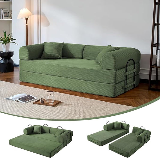 Compressed Sofa, Convertible Sofa Bed, Corduroy Compression Boneless Couch with Pillow, Comfy Modular Foldable Floor Sleeper Sofa for Bedroom, Living Room, Lounge, Studio (Olive Green)