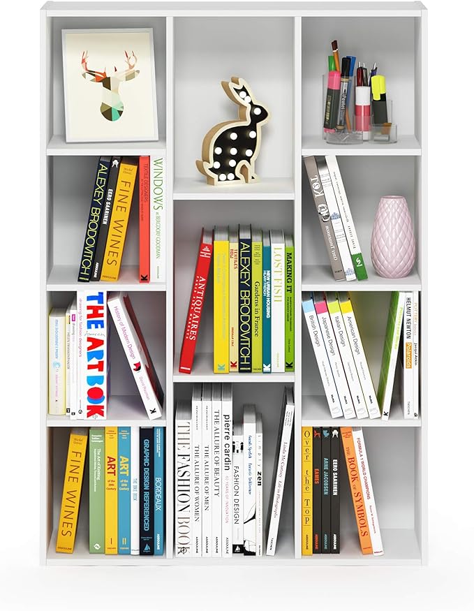 Furinno LUDER Book Shelf, 11-Cube Bookshelf, Reversible Bookcase, 9.4 x 29.1 x 41.7, for Living Room, Bedroom, Home Office, White