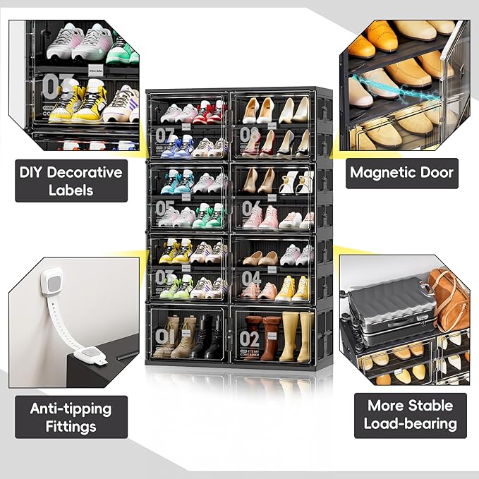 JEKO&JEKO 7 Tiers Foldable Boot Storage Shoe Rack Cabinet for Closet Entryway, Large Collapsible Shoe Organizer with Magnetic Doors (Black)