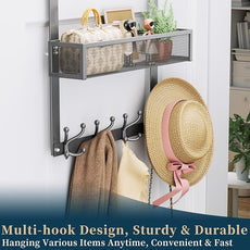 Consumest Over The Door Hooks Organizer - Over Door Hanger with 16 Hooks & 2 Baskets for Hanging Coat, Clothing, Towel, Hanging Organizer for Bathroom, Closet, College Dorm, Grey