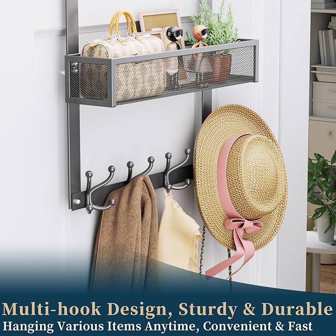 Consumest Over The Door Hooks Organizer - Over Door Hanger with 16 Hooks & 2 Baskets for Hanging Coat, Clothing, Towel, Hanging Organizer for Bathroom, Closet, College Dorm, Grey
