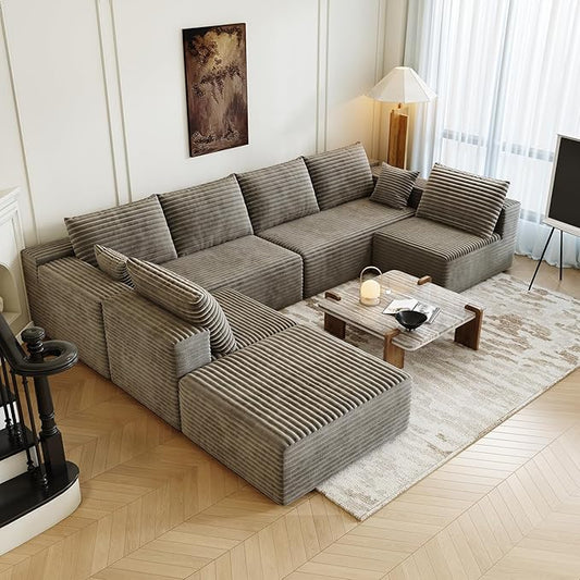 139.4" Modular Sectional Sofa, Oversized U-Shaped Minimalist Couches with 2 Middle Seats and 1 Ottoman Chaise, Modern Deep Seat Convertible Sleeper Sofa, Cloud Plush Corduroy Fabric,7 Seater, Camel