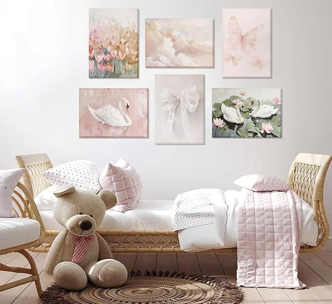 6Pcs Coquette Wall Art Pastel Pink Trendy Canvas Bow Posters White Swan Preppy Painting Butterfly Pictures Aesthetic Floral Prints Nursery Wall Decor for Teen Girls Bedroom College Dorm Framed