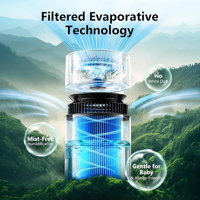 3L Mist-Free Evaporative Humidifier for Bedroom, Top Fill Humidifier Work with Tap Water, Touch Control,USB Powered, Sleep Mode, Night Light,1–8H Timer, Easy-Clean Design for Home Office