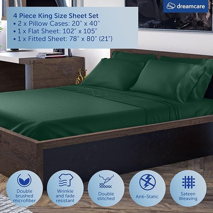 DREAMCARE King Size Sheets Set – 4 pcs Cooling Sheets – up to 21” Deep Pocket King Sheet Set – Hotel Luxury Sheets & Pillowcases – Superior Softness 100% Microfiber with Side Pocket - Emerald Green