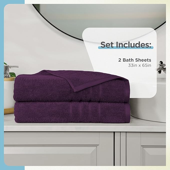 Martex 2-Pack Ultimate Performance Bath Sheet Set – 100% Cotton – 33” x 65” – Extra Large Bath Towels – Versatile – Low-Linting – Supersoft Bathroom Set – Super Absorbent – Easy Care – Dark Purple