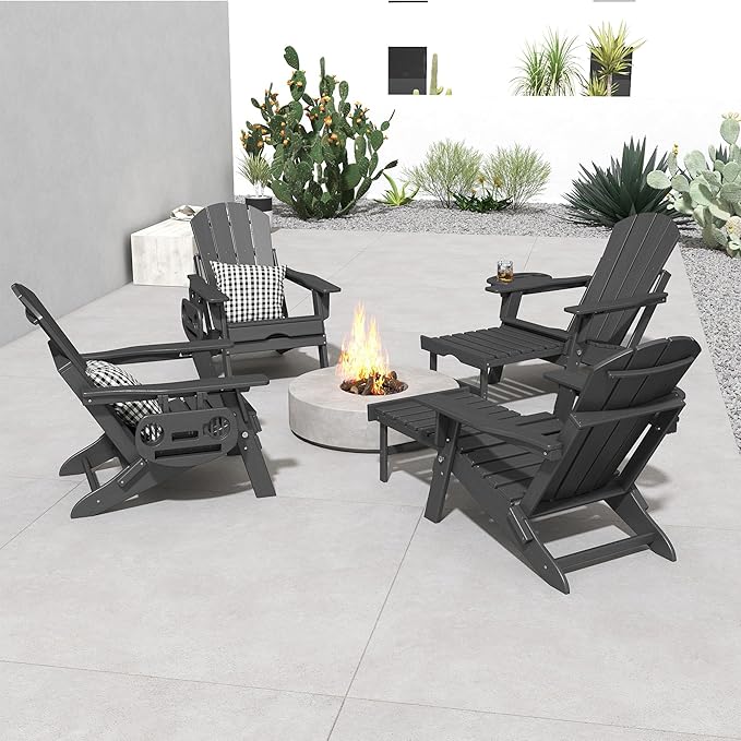FOOWIN Folding Adjustable Adirondack Chair with Retractable Ottoman, HDPE Adirondack Chair w/4 in 1 Cup Holder Trays,All-Weather Resistant Fire Pit Chair for Outdoor Patio Lawn, Grey