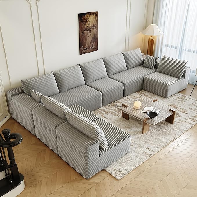 139.4" Modular Sectional Sofa Couch, Oversized U-Shaped Minimalist Couches with 4 Middle Seats Chaise, Modern Deep Seat Cloud Plush Corduroy Sofas Set for Living Room, 8 Seater, Grey