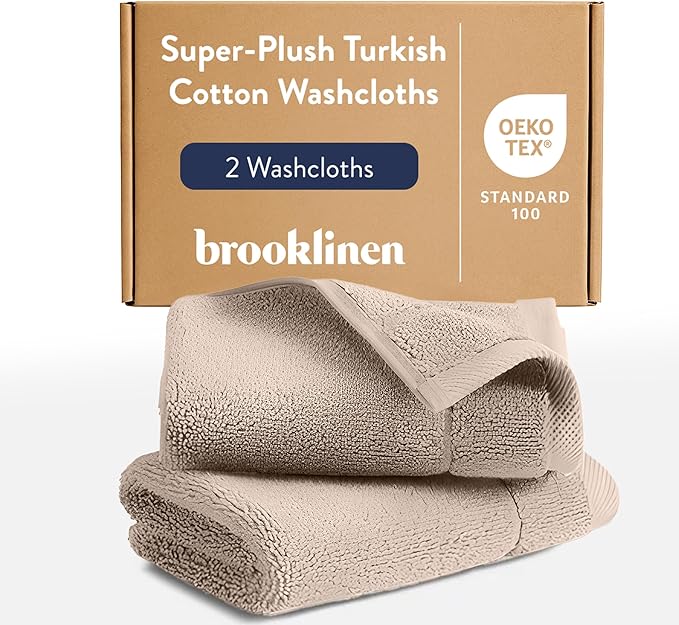 Brooklinen Super-Plush Turkish Cotton Washcloths - Set of 2 - Cotton, 820 GSM, Highly Absorbent, Machine Washable, Perfect for Home & Bathroom (13" x 13", Driftwood)