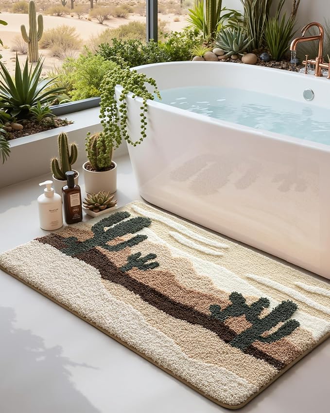 DEXI Bathroom Rug Washable, 43x24 Non Slip Bath Large Mat Absorbent, Soft Plush Microfiber Bathmat Quick Dry for Shower Floor, Desert