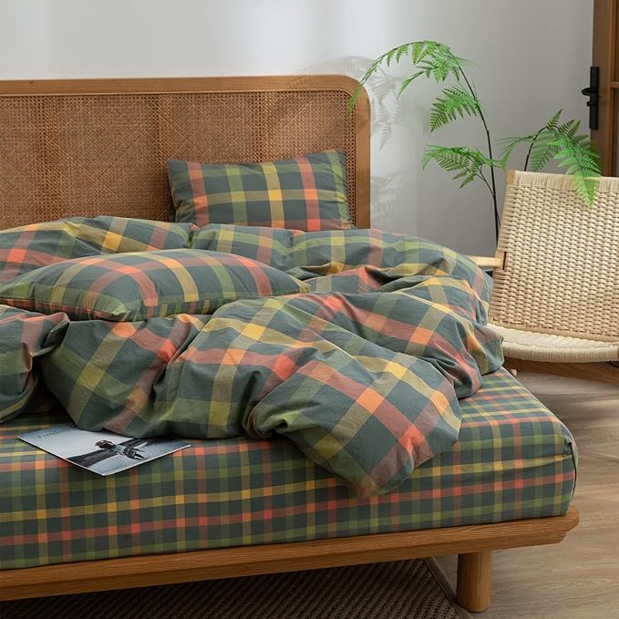 VM VOUGEMARKET Washed Cotton Bedding Set King Colorful Plaid Duvet Cover Set 3 Pieces Orange Grey Green Grid Duvet Cover with Zipper Ties for Men Women-104x90 Inch