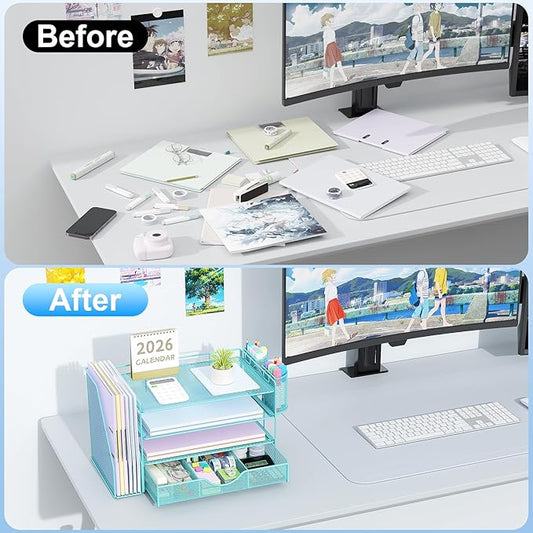gianotter Desk Organizers and Accessories with File Holder, 4-Tier Desk Accessories & Workspace Organizers with Drawer and 2 Pen Holder, Paper Organizer for Office Supplies (Blue)