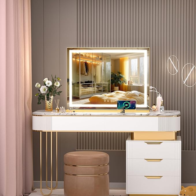 Hasipu Vanity Mirror with Lights, 28" x 20" LED Makeup Mirror, Lighted Makeup Mirror with Dimmable 3 Modes, Touch Screen Control Vanity Mirror Square Gold