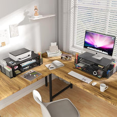 OPNICE Desk Organizer and Accessories, 2-Tier Computer Monitor Stand Riser with Drawer and 2 Pen Holders, Laptop Stand, Office Desk Accessories for Office Supplies, Black