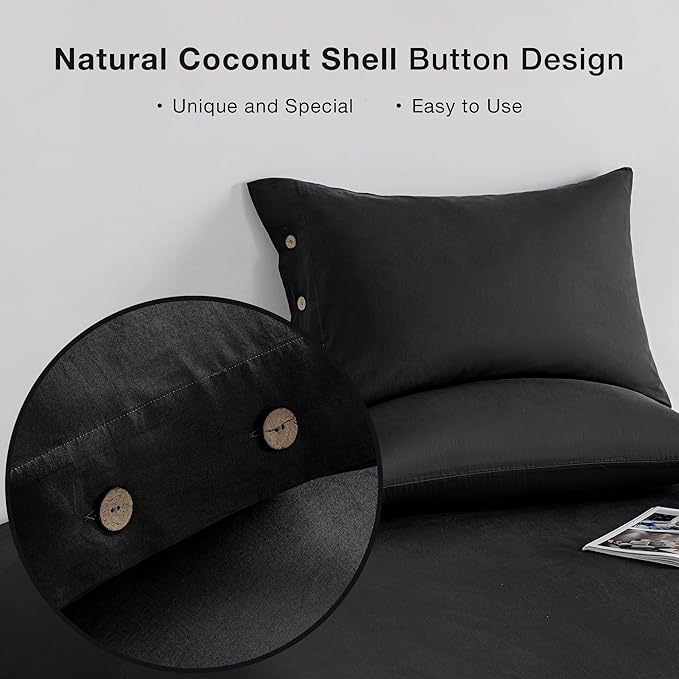 JELLYMONI Pillowcases Standard Set of 2 Cotton Button Pillow Covers 20×26in Pure Black Bed Pillow Cases 100% Washed Cotton Soft Breathable (Pillows are not Included)