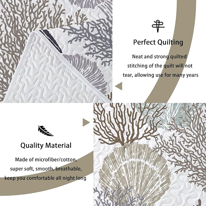 Tritard 3 Piece Coastal Quilt Sets Full/Queen Size - Reversible Microfiber Quilts with 2 Shams Soft Lightweight Beach Bedding Nautical Bedspread Summer Comforter Set for All Season, 90''x96'', C2