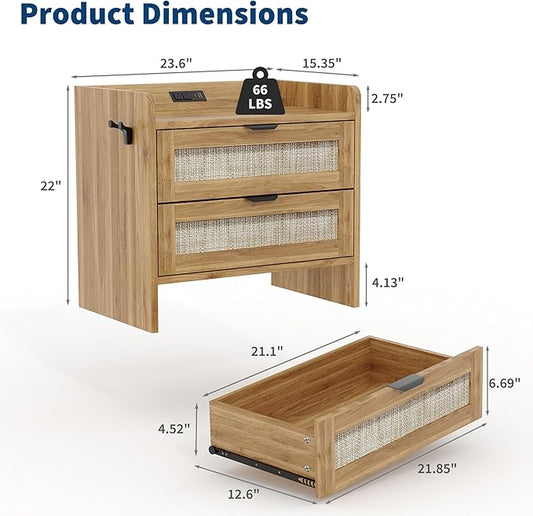 Rattan Nightstand Set of 2, Bedside Table with Type-C Charging Station - 2 Storage Drawer Space, Boho End Table Side Table for Bedroom Office, Large Night Stand with Charging Port