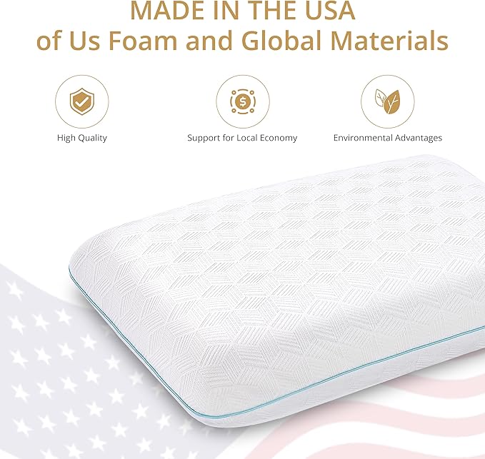 EGOHOME Bed Pillow Standard Size - Memory Foam Made in USA - for Side, Back and Stomach Sleepers, Neck Support with Washable & Removable Cover, Medium Soft, 1 Pack