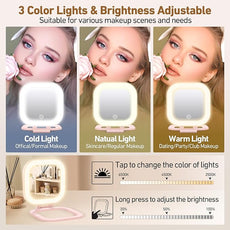 Travel Mirror with Light, 1x/30x Magnifying Mirror with 3 Color Lights and Adjustable Brightness, 4.5x3.9 inch Small Compact Hangable Hand Pocket 3 Way Mirrors, Comes with Tweezer