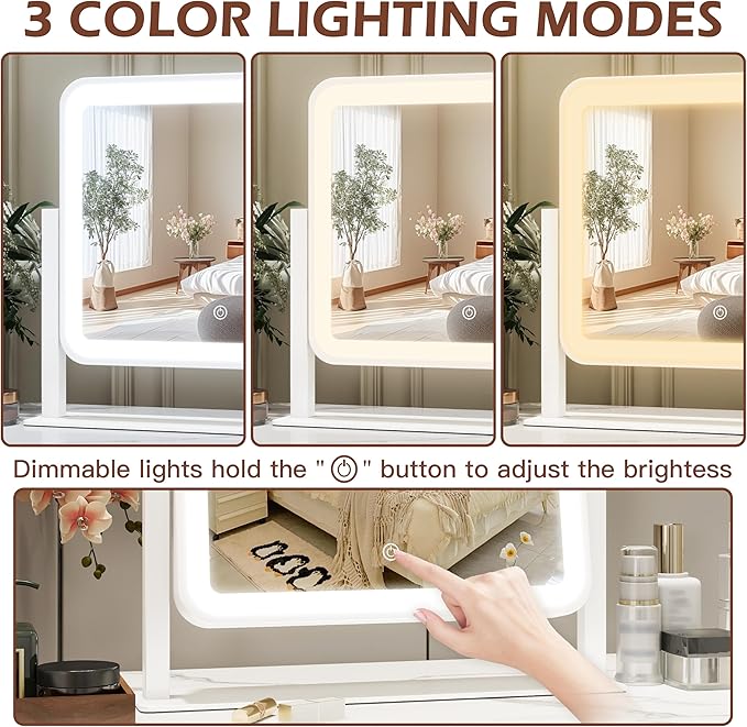 FENNIO Vanity Mirror with Lights 14"×12" Makeup Mirror with Lights,Lighted Vanity Mirror Tabletop,Smart Touch with 3-Color Lighting,Dimmable,for Vanity Desk Tabletop