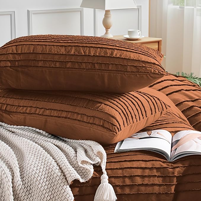 NEXHOME PRO Duvet Cover Queen Size, Brunt Orange 3 Pieces Boho Tufted Duvet Cover Set, Soft and Lightweight Microfiber Comforter Cover Set for All Season (Brunt Orange, 90 x 90)-No Comforter