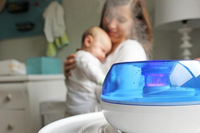 Crane Personal Ultrasonic Cool Mist Travel Humidifier and Vaporizer for Congestion Relief, 360° Adjustable Nozzle, Filter-Free .75 Liter Tank, Blue/White, Office Humidifier