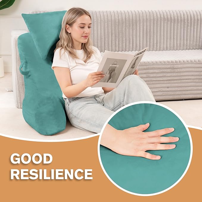 Portable Reading Pillows with Headrest for Bed Sitting Up(Lake Blue Oeko-Tex), Velvet Back Pillow with Arms & Pockets for Adults, Support Memory Foam Bed Pillow for Dorm/Watching/Gaming