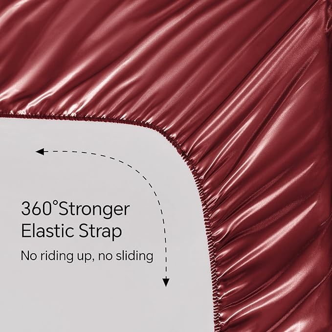 BEDELITE Satin Sheets Queen Size Bed Set, Luxury Soft Burgundy Silky Sheets for Hair and Skin, Similar to Silk Bed Sheets Set 4 Pieces （1 Deep Pocket Fitted Sheet, 1 Flat Sheet, and 2 Pillowcases）