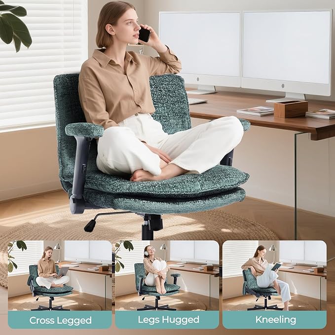 Criss Cross Chair with Flip-Up Arms and Lockable Wheels, Plush Fabric Cross Legged Office Desk Chair,Wider 125°Tilting Adjustable Swivel Computer Chair for Home, Apartment, Bedroom,Green