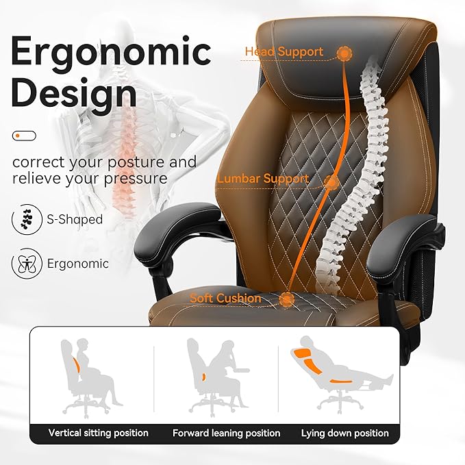 Office Chair, Executive Leather Chair Adjustable High Back, Ergonomic Computer Desk Chair Lumbar Support, Big and Tall Office Chair with Footrest, Comfy Reclining Chair for Home Office