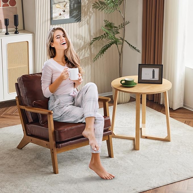 Karl home Accent Chair Wide Armrest Mid-Century Lounge Chair PU Leather Armchair with Lumbar Pillow & Solid Wood Frame for Living Room, Bedroom, Balcony, Red-Brown